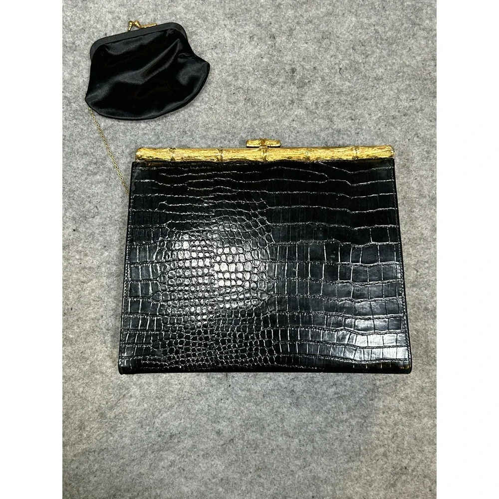 AFTER FIVE BLACK FAUX ALLIGATOR HANDBAG PURSE CHANGE PURSE VINTAGE Clutch Glam